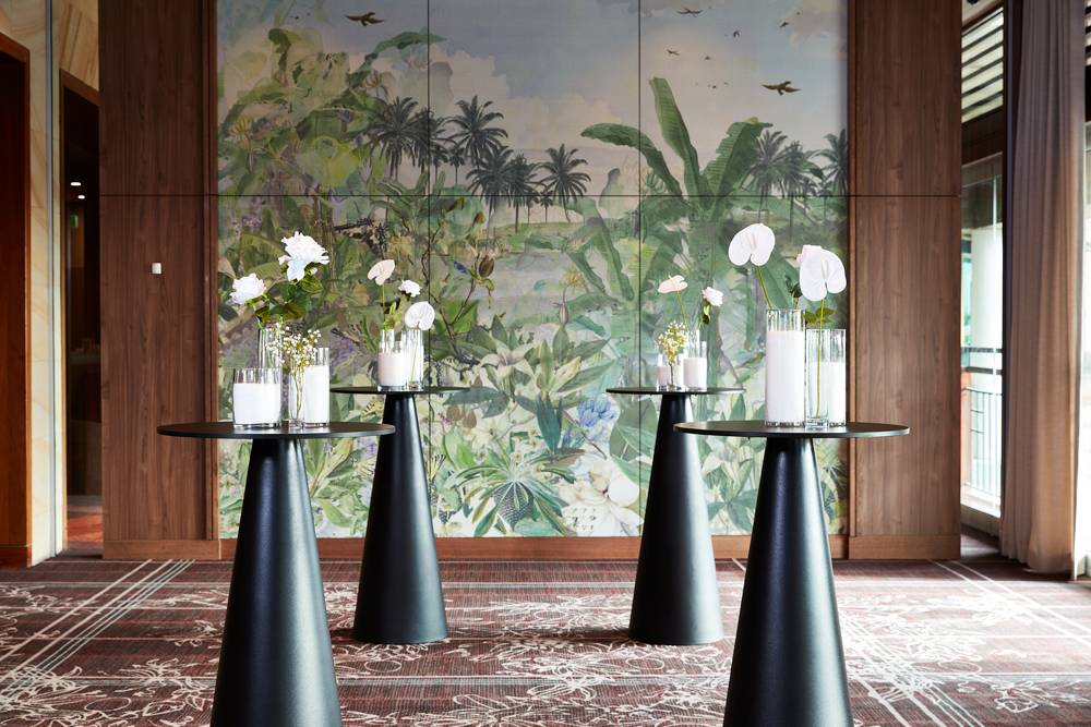 Terrace function room set up with cocktail tables
